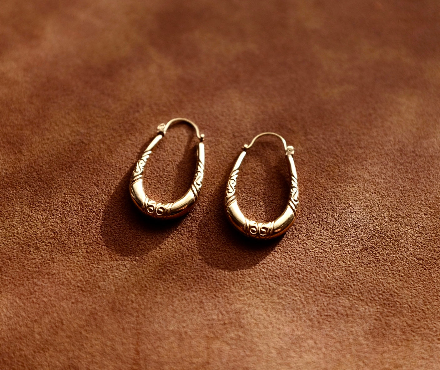 9ct Gold Engraved Oval Hoops