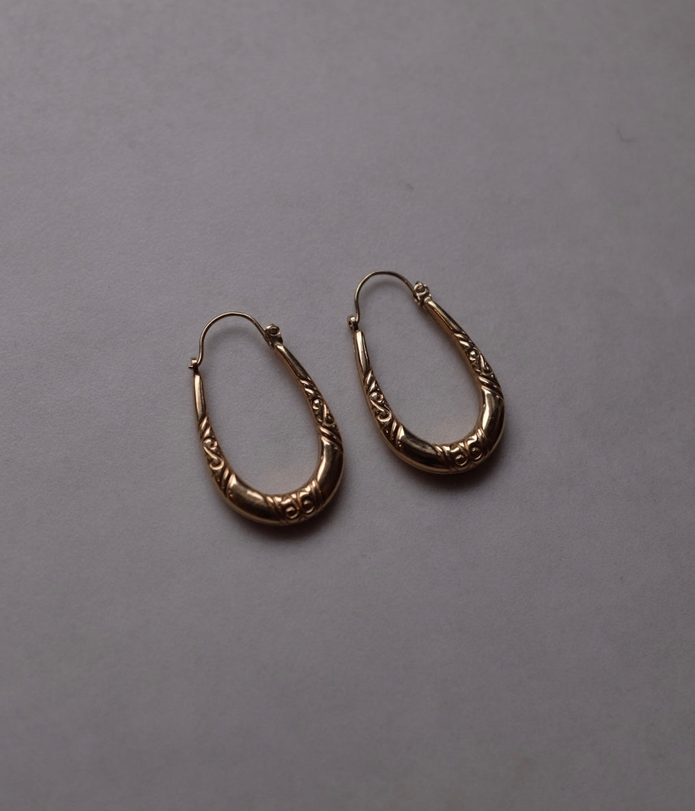 9ct Gold Engraved Oval Hoops