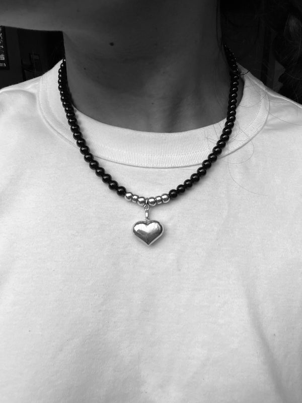 Onyx Bead with silver heart and beads