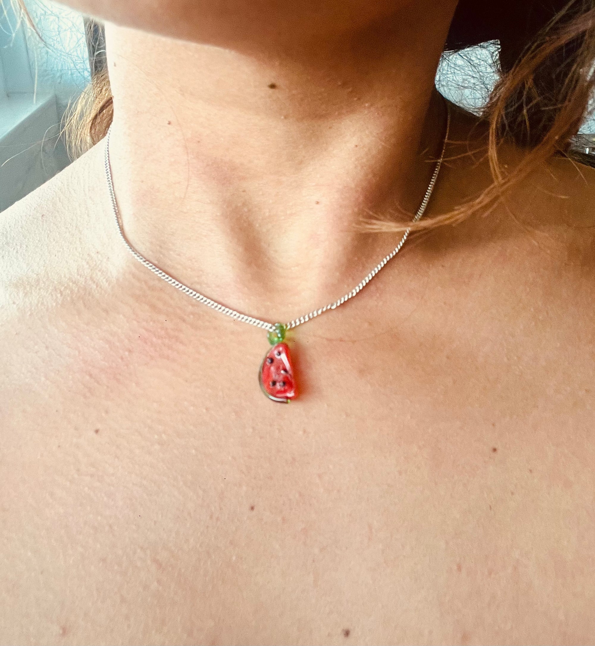 Sterling Silver Mini Curb Chain with Watermelon Pendant